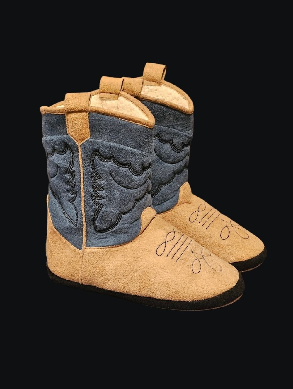 Women's Lazy One Cowboy Boot Slippers in Tan and Blue
